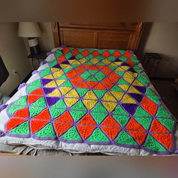 Vintage Colorful Geometric Handmade Crochet Blanket Afghan - Picture 1 of 14